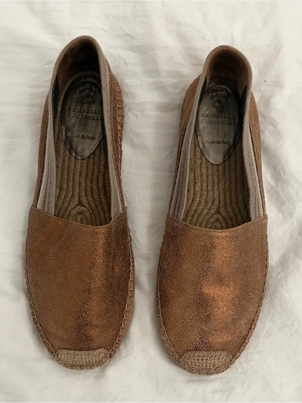 Brunello Cucinelli Bronze Leather Striped Espadrilles Size 7